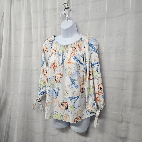 Chaps White Blue Seashell Blouse Beach Tropical L - Picture 6 of 11